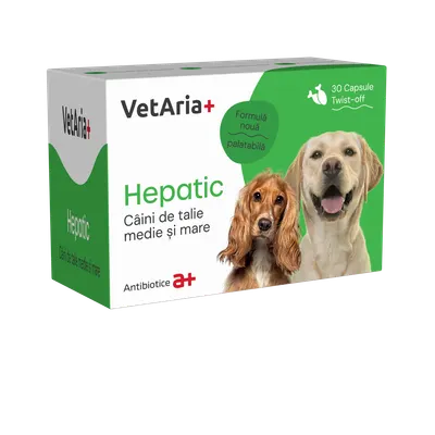 Supliment hepatic pentru caini de talie medie si mare VetAria+ Hepatic, 30 capsule, twist-off