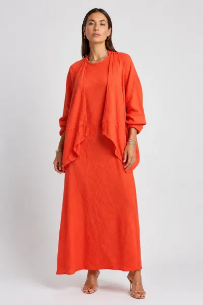 Cardigan din in cu croi fluid si maneci bufante, rosu tangerine