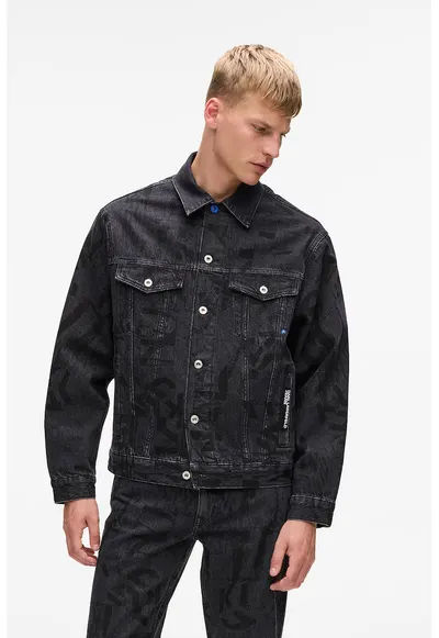 Jacheta din denim cu model monograma - Negru/Albastru ultramarin