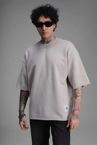 Tricou Barbati Oversized Grey Raw Edge Streetwear (mărime: M)