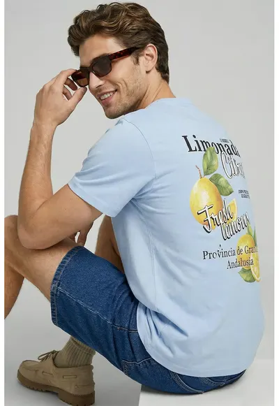 Tricou cu decolteu la baza gatului - imprimeu grafic si model text pe partea din spate - Albastru pastel/Galben pal/Verde pal