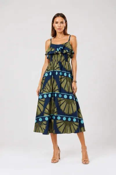 Rochie lunga din bumbac subtire cu volan pe piept si imprimeu abstract, bleumarin