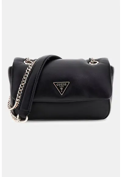 Geanta crossbody cu clapa si bareta din lant - Negru