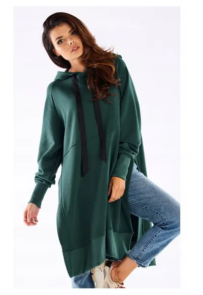 Hanorac streetwear lung oversize cu croiala dreapta - - Verde