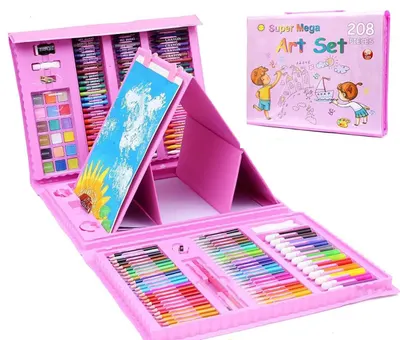 Set de pictura si desen pentru copii WePro Store, 208 piese, carioci, creioane colorate, pasteluri de ulei si acuarele, Roz Engros
