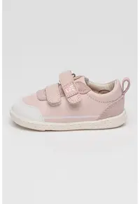 Pantofi sport de piele si piele intoarsa cu velcro - Alb optic/Roz prafuit