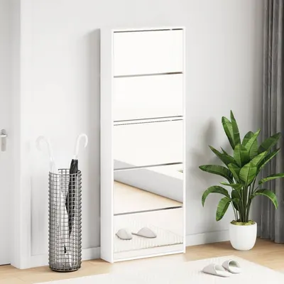 vidaXL Pantofar cu 5 niveluri și oglindă, alb, 63 x 17 x 169,5 cm