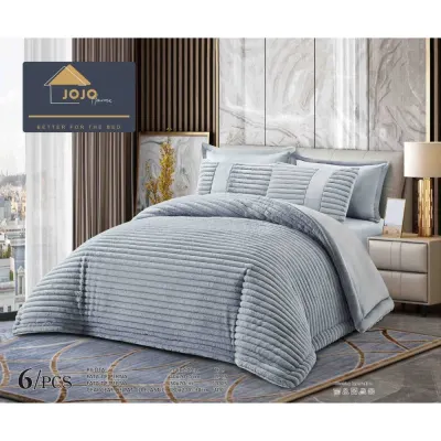 Lenjerie de pat cu Pilota Inclusa, Jojo Home, Cearceaf cu Elastic, 6 Piese, Blana de Iepure Artificiala, Gri deschis