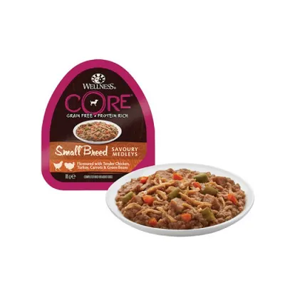 Hrana umeda pentru caini Wellness Core Small Breed Savoury cu pui si curcan 85 g