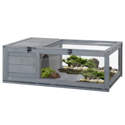 PawHut Cușcă pentru animale mici țestoase cu 2 spații 91 x 60,5 x 32 cm lemn masiv gri | Aosom Romania