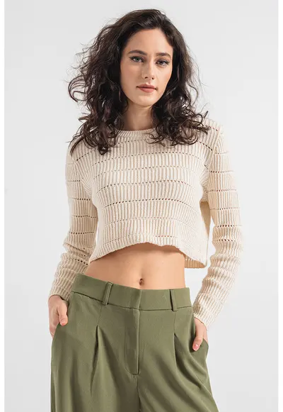 Pulover crop cu aspect texturat - Crem