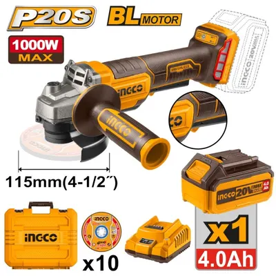 Flex unghiular INGCO CAGLI2111561E, 20V, Brushless, 115mm, 1000W, 3 trepte viteza, maner anti-vibratii, platforma P20S, 1 acumulator 4Ah, incarcator, 10 discuri si cutie transport