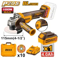 Flex unghiular INGCO CAGLI2111561E, 20V, Brushless, 115mm, 1000W, 3 trepte viteza, maner anti-vibratii, platforma P20S, 1 acumulator 4Ah, incarcator, 10 discuri si cutie transport
