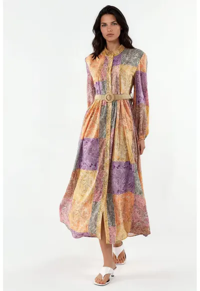 Rochie Maxi - Geometrica - Multicolor - Chiffon - Maneci lungi - Cu curea