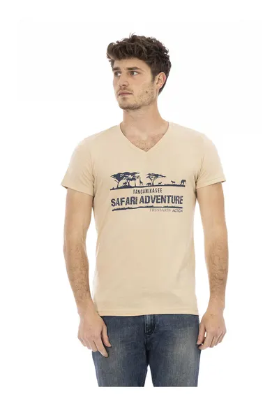Tricou cu decolteu in V si imprimeu - Bej inchis
