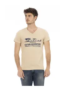 Tricou cu decolteu in V si imprimeu - Bej inchis