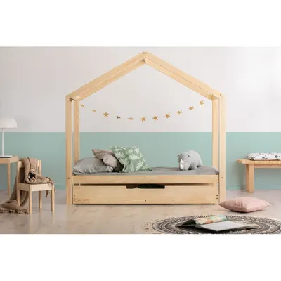 Pat pentru copii în culoare naturală de tip casă/cu extensie suplimentară cu spațiu de depozitare cu somieră 90x200 cm RM – Adeko