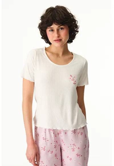 Pijama lunga cu model floral Chloe - Alb/Roz deschis
