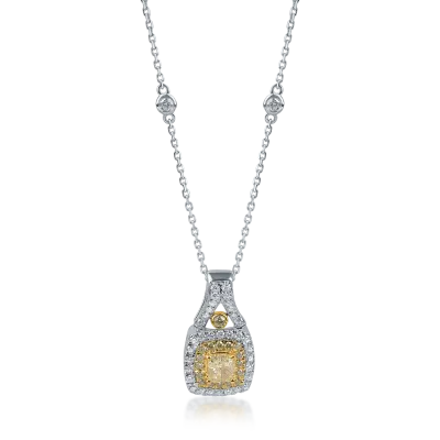 Lant cu pandantiv geometric din aur alb-galben cu diamante galbene si incolore de 0.76ct
