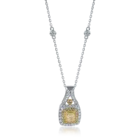 Lant cu pandantiv geometric din aur alb-galben cu diamante galbene si incolore de 0.76ct