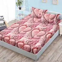 Cearsaf cu elastic, FINET, 180x200cm, 2 fete de perne 50x70cm, Roz, inimioare pufoase