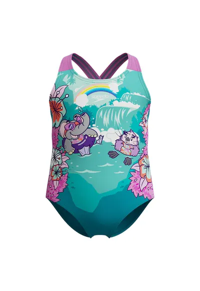 Costum inot fete Printed Crossback albastru - 6 ani