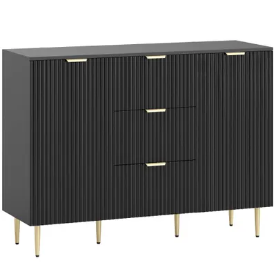 HOMCOM Bufet mobilier bucătărie depozitare cu 3 sertare, rafturi reglabile, dulapuri cu uși canelate, 120 x 40 x 90 cm, negru | Aosom Romania