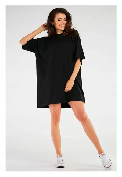 Rochie oversize cu maneca scurta din bumbac - - Negru