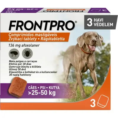 FRONTPRO, deparazitare externă câini, comprimate masticabile FRONTPRO, deparazitare externă câini, XL(25 - 50kg), comprimate masticabile, 136mg x 3buc