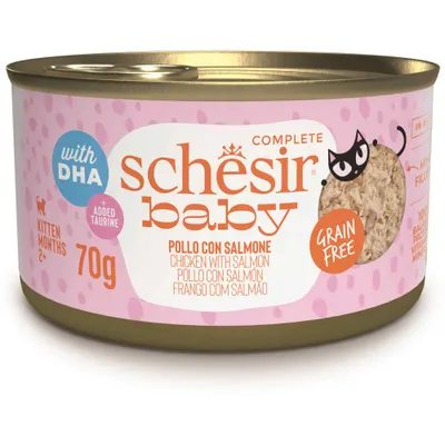 Hrana umeda pentru pisici Schesir Baby Conserva, Supă cu Pui şi Somon 70 gr