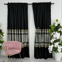 Set 2 Draperii Elite, Satinata, Texturata, Negru cu Auriu, 140cm latime x 260cm inaltime, cu tiv lat pt bara