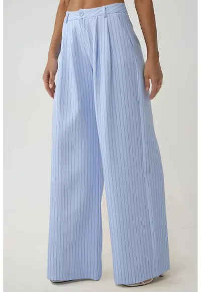 Pantaloni dama - largi cu talie inalta - dungi - albastru - poliester