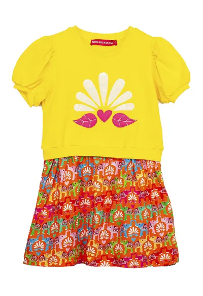 Rochie combi cu imprimeu - Alb - Galben - Portocaliu mandarina