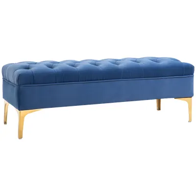 HOMCOM Bancă Hol, Bancă la Capătul Patului din Catifea Albastru Închis, Design Modern cu Picioare Metalice Aurii, 118x45x42cm | Aosom Romania