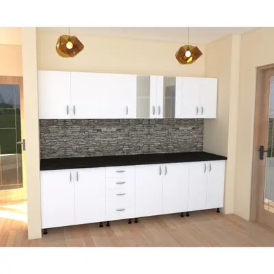 Bucatarie Alfa 2.6 metri PAL alb cu blat Negru