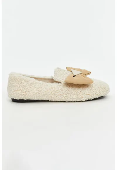 Pantofi din material textil cu varf rotund si talpa plata - Bej deschis