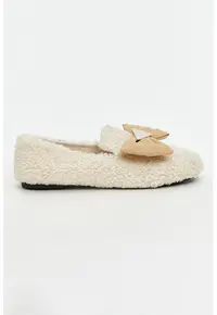 Pantofi din material textil cu varf rotund si talpa plata - Bej deschis