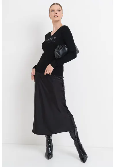 Pulover cu broderie logo si strasuri - Negru
