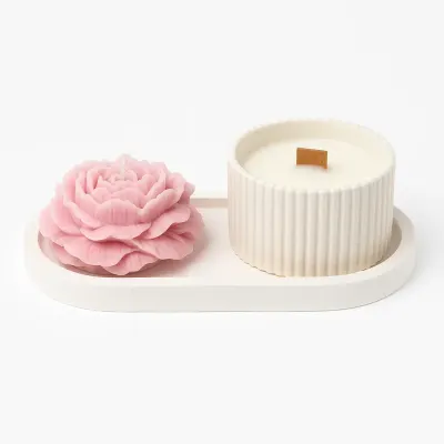Set tavă ovală cu lumânare bujor & lumânare în vas ceramic – ceramică jesmonite, în cutie cadou - Marmorată gri