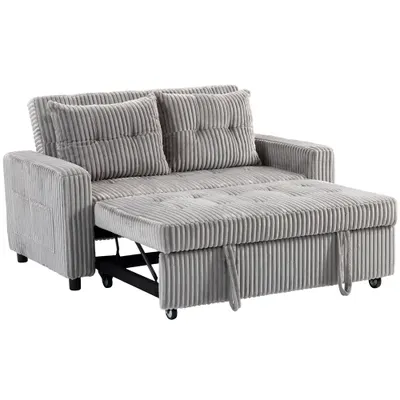 HOMCOM Canapea-pat 2 locuri, tapițerie din cord, se transformă în canapea extensibilă, 2 perne, buzunare laterale, 157 x 190 cm, Gri deschis | Aosom Romania