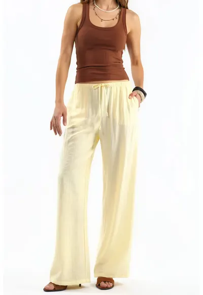 Pantaloni dama - tesuti - casual - galben lamaie - 100% poliester