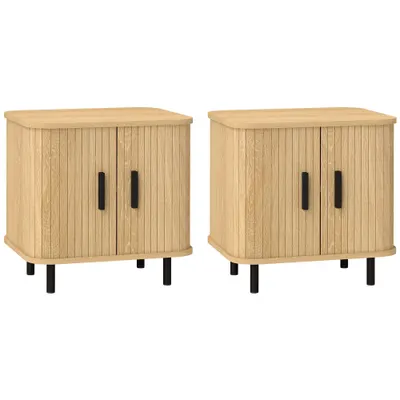 HOMCOM Set 2 Noptiere în stil Nordic cu Raft pe 2 Niveluri și Ușă Culisantă pentru Dormitor, 48x40x48 cm, Lemn Natural | Aosom Romania