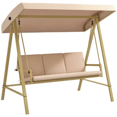 Outsunny Scaun Balansoar de Grădină cu 3 Locuri, Bancă cu Copertină Reglabilă, Perne Detașabile și Cadru din Oțel, 200x125x175 cm, Bej | Aosom Romania