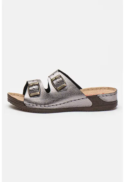 Papuci wedge de piele - Argintiu