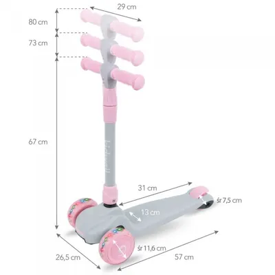 Trotineta Kidwell Jax Gray Pink cu 3 roti, pliabila, reglabila, din aluminiu, greutate admisa 50 kg, varsta 3 ani+