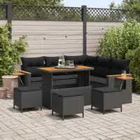 Set canapea gradina Gossi 8 piese cu perne negre ratan sintetic acacia, set dining gradina Gossi 3 piese cu perne negre ratan sintetic acacia
