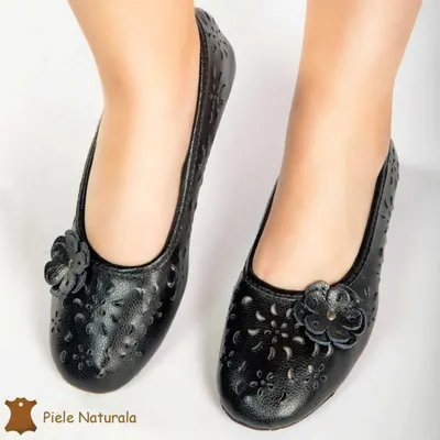Balerini DAMA perforați CU FLOARE DECORATIVA LATERALA din piele naturala CRL0181 CULOARE: NEGRU
