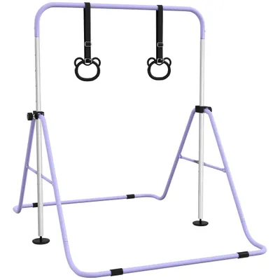 HOMCOM Bară Gimnastică Artistică pentru Copii Reglabilă cu 2 Inele, din Oțel, 148x105x88-128 cm, Mov | Aosom Romania