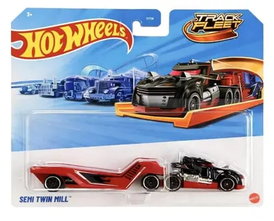 Camion metalic Hot Wheels Track Fleet - Semi Twin Mill, 1:64, roșu