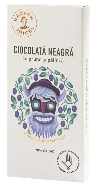 Ciocolata neagra 70% cacao cu prune si palinca, 80g, Razvan Idicel